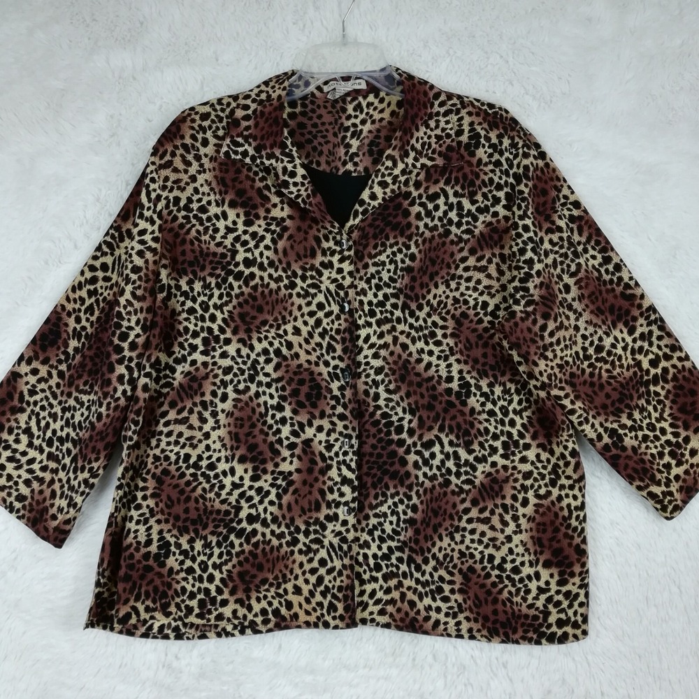 Notations Womens Blazer Cheetah Print Undershirt Button Front Stretch XL